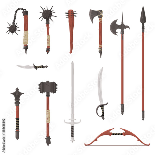 Old Fantasy Weapons Medieval Icon Set Color Vector