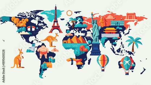 A stylized world map with iconic landmarks and animals