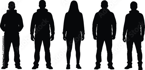 Collection of People Standing in a Row Silhouette Vector Illustration Set, Group of Men and Women Wearing Casual Hoodies for Community and Social Design,