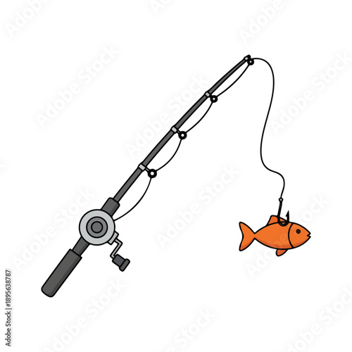 Fishing rod and hooked fish cartoon illustration vector icon