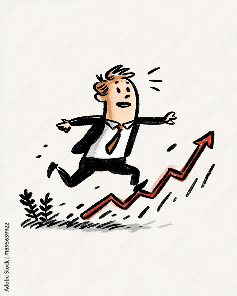 Fototapeta premium Uptrend Business Journey: A cartoon executive runs forward along the upward trajectory of a red arrow, representing progress and growth, evoking the spirit of striving.