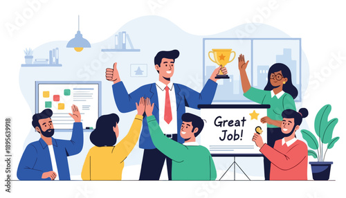 A diverse team of business professionals celebrating a successful achievement with a trophy and high-fives in a modern office environment.