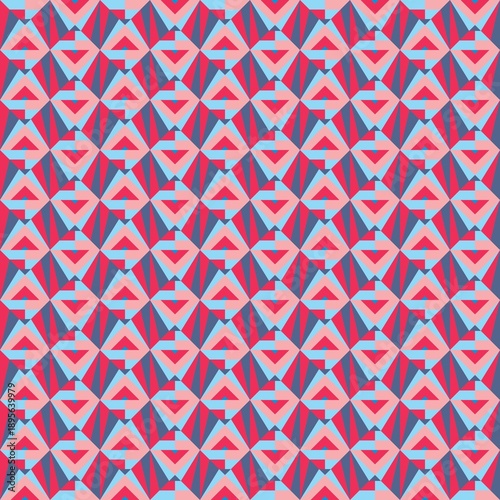 Print of triangular figures in red, blue, and pink.