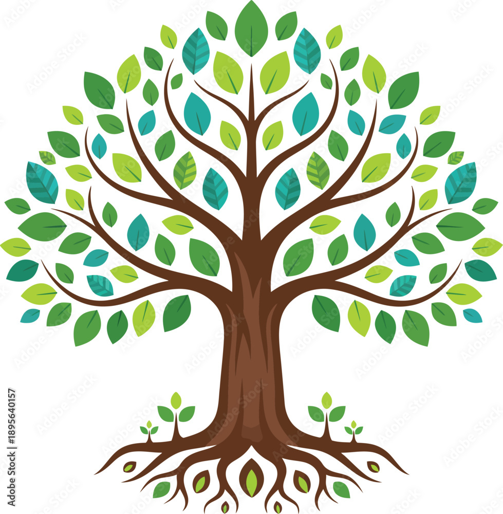 Obraz premium Vibrant green tree illustration with lush foliage, sturdy trunk, and deep roots, symbolizing growth, life, and connection to nature, embodying renewal and ecological balance