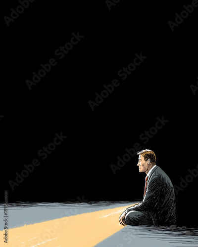 Lone Contemplation: A solitary individual sits pensively on an illuminated road, framed by a vast darkness, embodying solitude and introspection, illuminated by a spotlight.