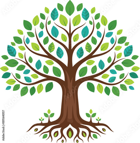 Vibrant green tree illustration with lush foliage, sturdy trunk, and deep roots, symbolizing growth, life, and connection to nature, embodying renewal and ecological balance