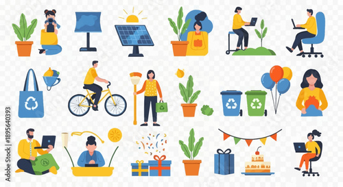 People engaging in various sustainable and eco-friendly activities like cycling, gardening, recycling, and walking in an urban setting.