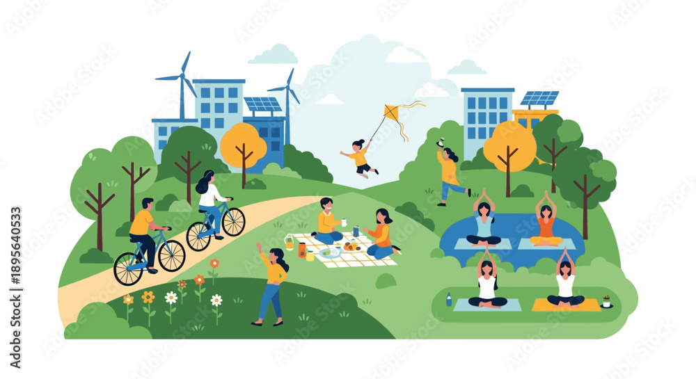 Naklejka premium People enjoying various outdoor leisure activities in a green park with sustainable city buildings and wind turbines in the background, promoting eco-friendly living.