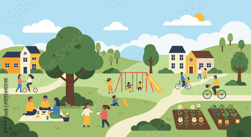 A vibrant flat-design illustration of a diverse community enjoying various outdoor leisure activities in a sunny park with houses, gardens, and green hills.