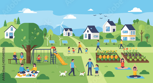 A vibrant green community with people enjoying various outdoor activities, sustainable homes, and lush landscapes.