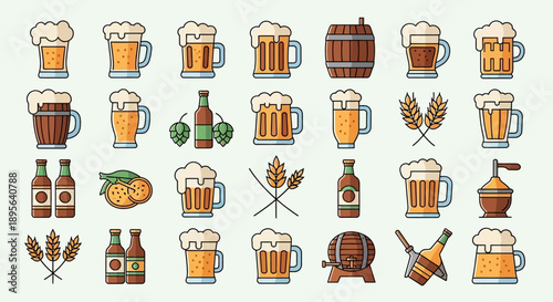 A collection of 30 flat design icons representing various beer-related items, including glasses, bottles, barrels, hops, and wheat.