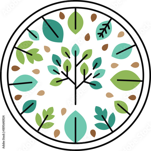 A circular logo design featuring a stylized tree at its center, surrounded by leaves and seeds in shades of green and teal