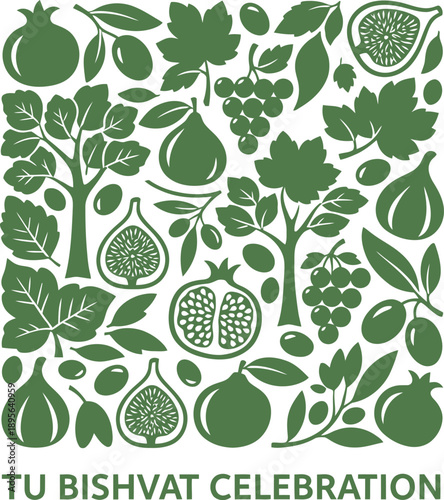 Tu B'Shvat Celebration Featuring Fruits, Trees, and Leaves in a Festive Design