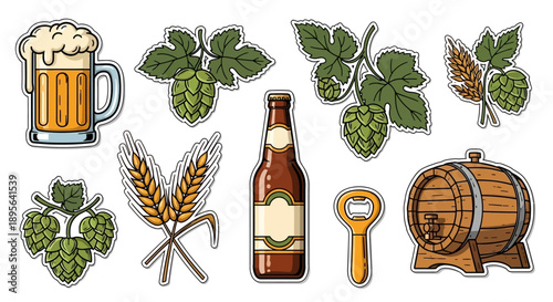 A collection of illustrated elements related to beer brewing, including a frothy mug, hops, wheat, a bottle, a bottle opener, and a wooden barrel.