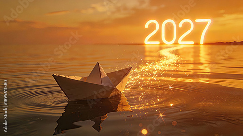 A paper boat floating on calm water during a golden sunset, a glowing neon number 2027 standing on the horizon line of the water. Happy New Year, New Year