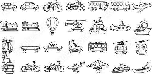 Black and White Line Art Icons of Various Transportation Vehicles