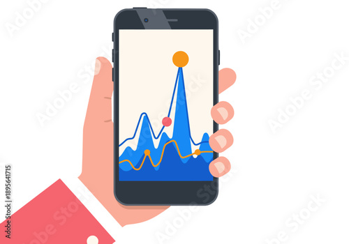 A hand holds a smartphone displaying a glucose tracking app graph. The image highlights diabetes management through technology. Modern, clean design.
