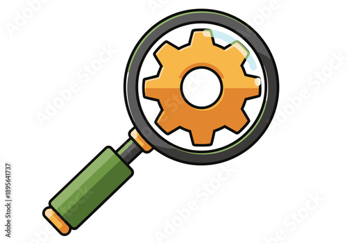 A magnifying glass examines a gear, symbolizing quality inspection and tech audit. Clean, modern design with bright colors. Ideal for business and technology concepts.