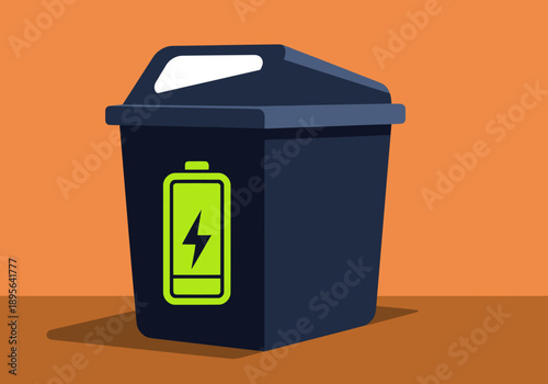 A modern e-waste recycling bin with a battery graphic. Clean, graphic design, suitable for commercial use. Focus on sustainability and responsible disposal.
