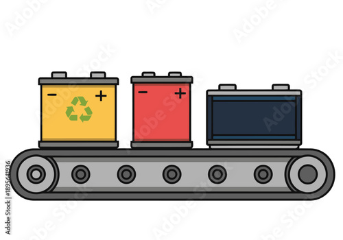 A stylized conveyor belt sorts industrial waste: batteries, recycling symbols, a signal icon, and cobalt fluid.  Modern, graphic design.  Illustrative sorting line.