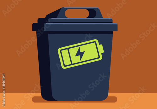 A stylized e-waste bin graphic with a battery icon. Bold text reads 'E-Waste Battery Recycle'. Modern, clean design suitable for environmental campaigns.