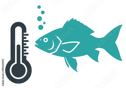 A stylized fish sensor monitors aquatic conditions, showcasing water temperature. A fish swims nearby, set against a cloudy sky backdrop. Modern, informative design.