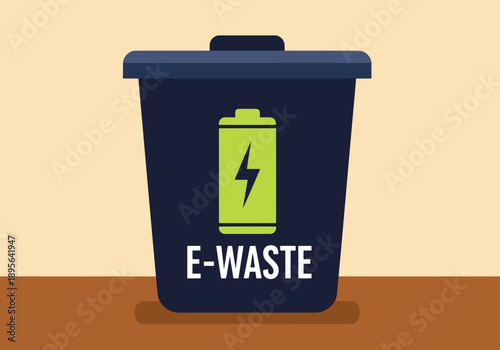 A stylized e-waste bin illustration with a battery icon. Bold text reads 'E-Waste' and 'Battery Recycle'. Clean, modern design for environmental awareness campaigns.