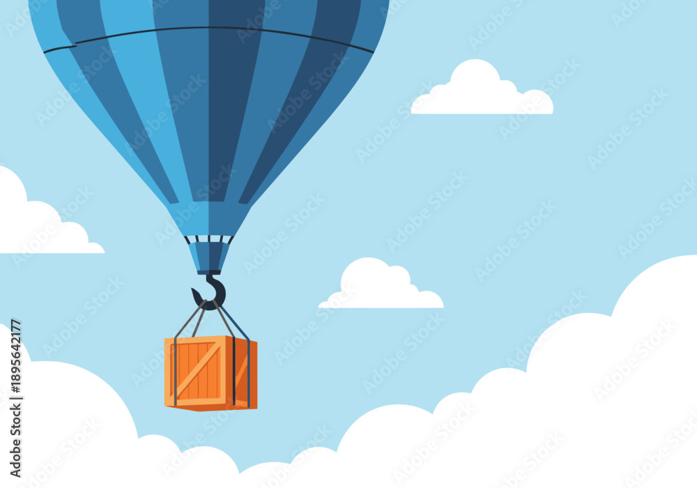 Obraz premium A vibrant hot air balloon gently lifts a wooden crate, symbolizing efficient heavy lift logistics. Clean, modern illustration with a bright blue sky and fluffy clouds.
