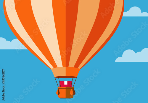 A vibrant hot air balloon delivers an express parcel against a blue sky with fluffy clouds. Modern, flat design illustration for delivery services.