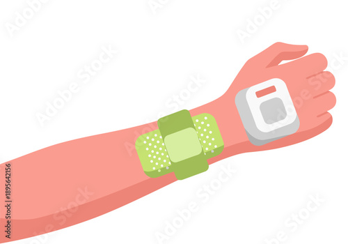 A vibrant illustration depicts an arm with a diabetic sensor and bandage, promoting health monitoring. Clean, modern design for digital health concepts.