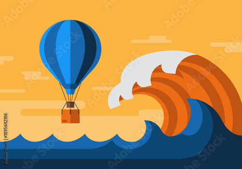 A vibrant illustration depicts an overseas delivery hot air balloon navigating a powerful wave. Bold colors and a dynamic composition create a striking visual for logistics and shipping concepts.