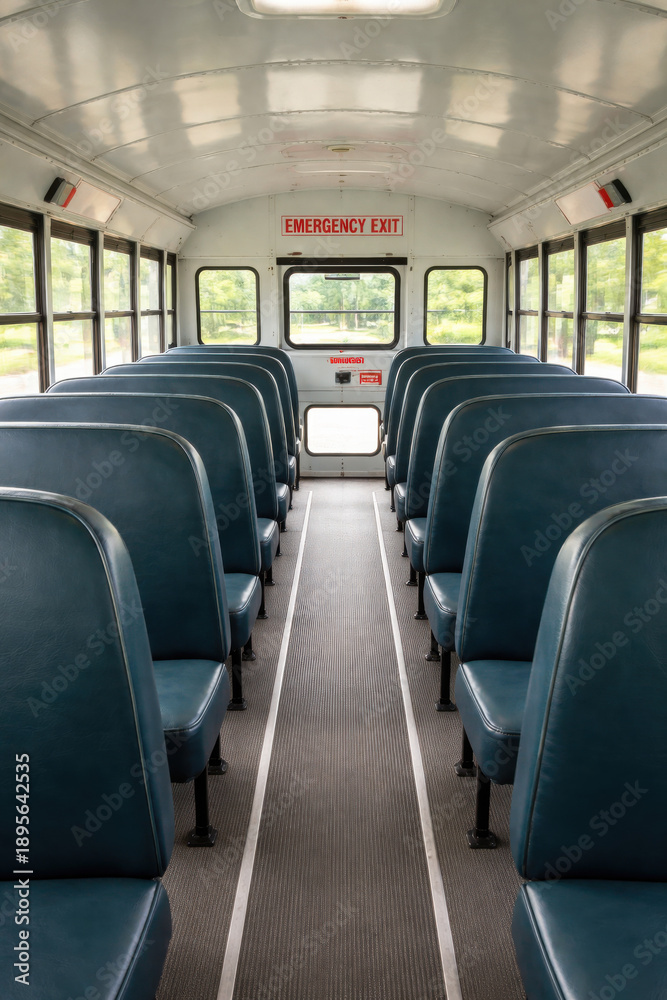 Fototapeta premium Empty school bus interior with blue vinyl seats and central aisle looking toward rear emergency exit safety sign bright daylight through windows public transportation and student commute