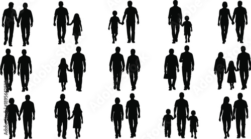 Collection of Family Silhouette Vector Illustration Set, Diverse Parents and Children Walking Together for Love Happiness Togetherness and Community Lifestyle Graphic Design Template