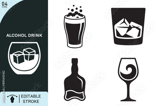 Alcohol Drink Icons Set Black and White
