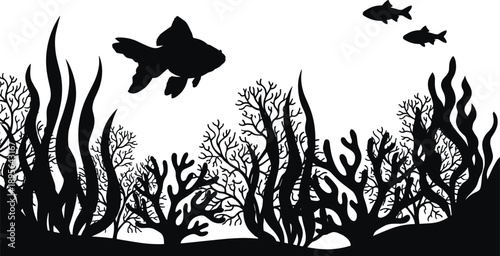 Fish silhouette swimming above coral reef with sea plants, minimalist underwater ocean life illustration isolated on white background for marine vector design