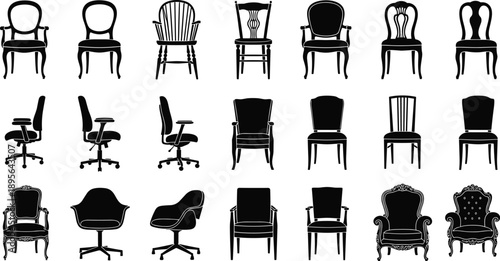 Collection of Furniture Chair Silhouette Vector Illustration Set, Different Seats Including Office Armchair Vintage and Modern Styles for Interior Home and Office Graphic Design,