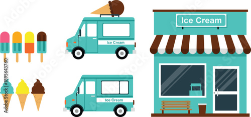 Colorful ice cream trucks, popsicles, cones, and storefront illustration for summer dessert themes, sweet treats, food business and commercial design use
