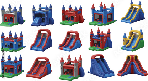Colorful inflatable bouncy castle and slide playground set collection for kids party amusement park rental entertainment vector illustration