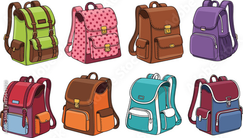 Colorful school backpack collection with various stylish bags isolated on white for student travel education fashion vector illustration