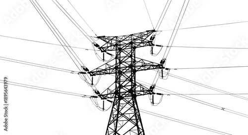 High voltage electricity transmission tower with power lines silhouette isolated on white representing energy grid infrastructure industrial engineering