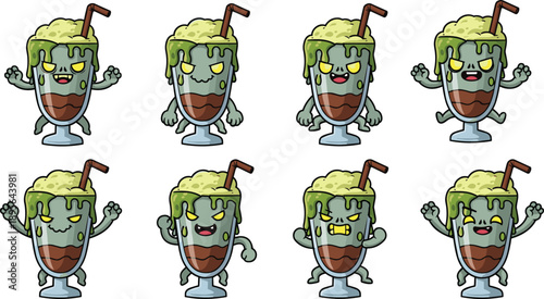 Cute zombie milkshake monster characters collection with spooky slime dripping drinks for Halloween mascot stickers cartoon vector illustration
