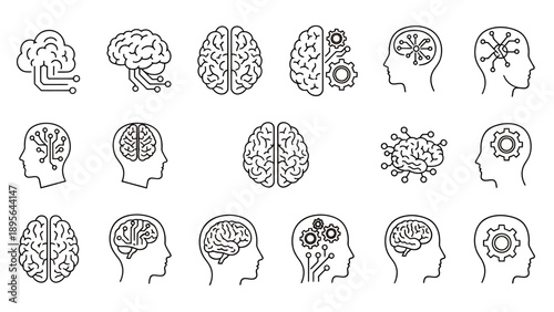 Set of abstract brain icons in various angles and states for graphic resources.
