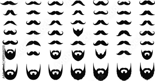 Collection of Mustache and Beard Silhouette Vector Illustration Set, Different Facial Hair Styles for Men Barber Shop Grooming Masculine Fashion and Hipster Design,