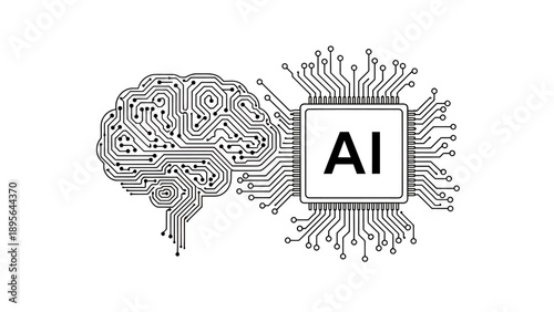 Abstract representation of artificial intelligence with brain and circuit chip.