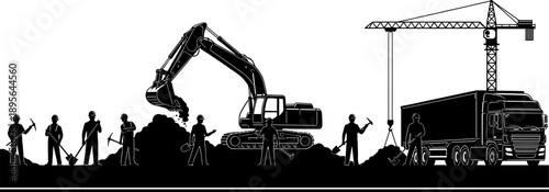 Construction site workers and heavy machinery silhouette illustration featuring excavator crane truck and labor crew industrial development scene black vector isolated on white background