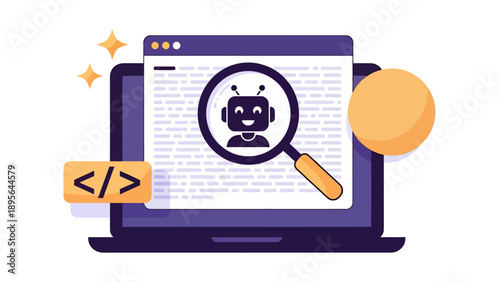 Tech Illustration Showcasing AI, Coding, and Robot Interface on a Laptop Screen.