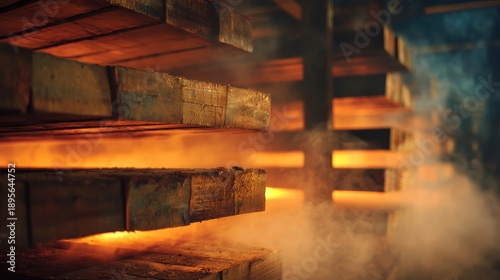 Forestry industry wood drying kiln with steaming planks on blurred background 