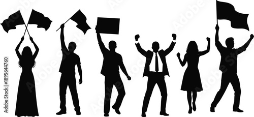 Collection of People Protesting and Celebrating Silhouette Vector Illustration Set, Activists Holding Flags and Signs for Social Justice Achievement Pride and Political Design,