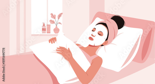 Aesthetic woman relaxing with a facial mask in her bedroom in a serene ambiance