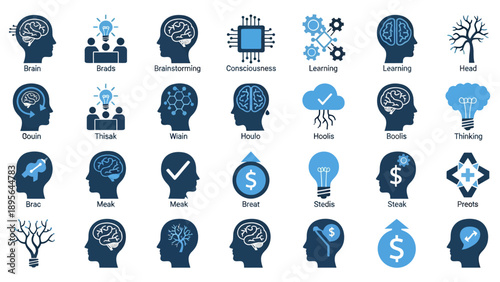 Collection of blue brain and idea icons showing thinking, planning, and finance concepts in multiple styles.